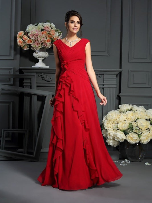 A-Line/Princess V-neck Hand-Made Flower Sleeveless Long Chiffon Mother of the Bride Dresses DEP0007227