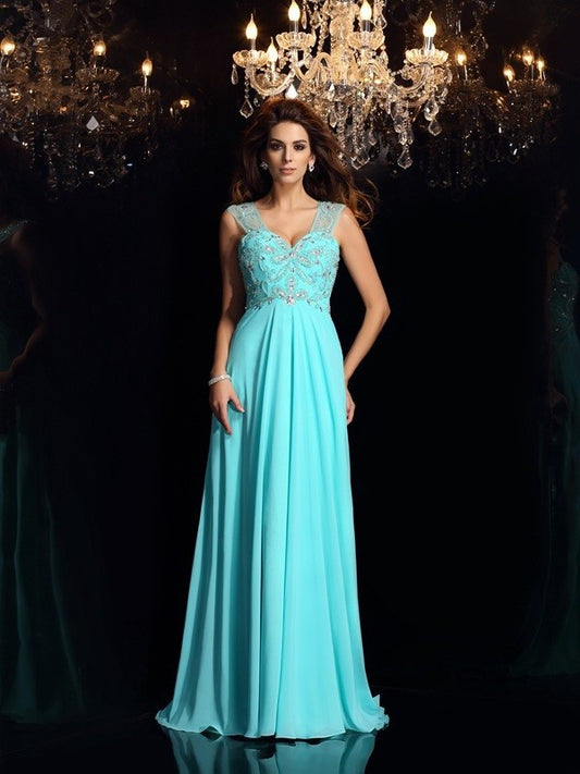 A-Line/Princess Sweetheart Beading Sleeveless Long Chiffon Dresses DEP0003633