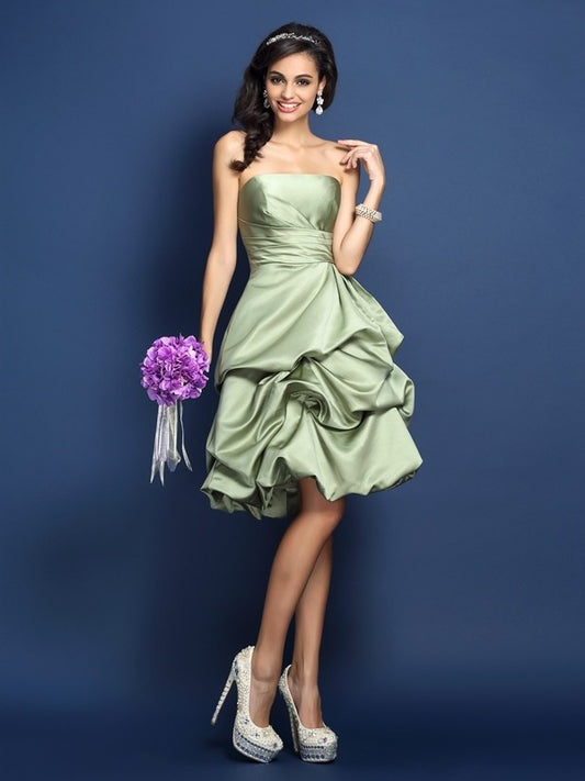 A-Line/Princess Strapless Ruched Sleeveless Short Satin Bridesmaid Dresses DEP0005671