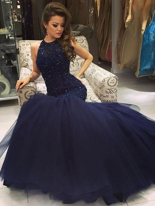 Trumpet/Mermaid Sleeveless Floor-Length Jewel Tulle Beading Dresses DEP0001826