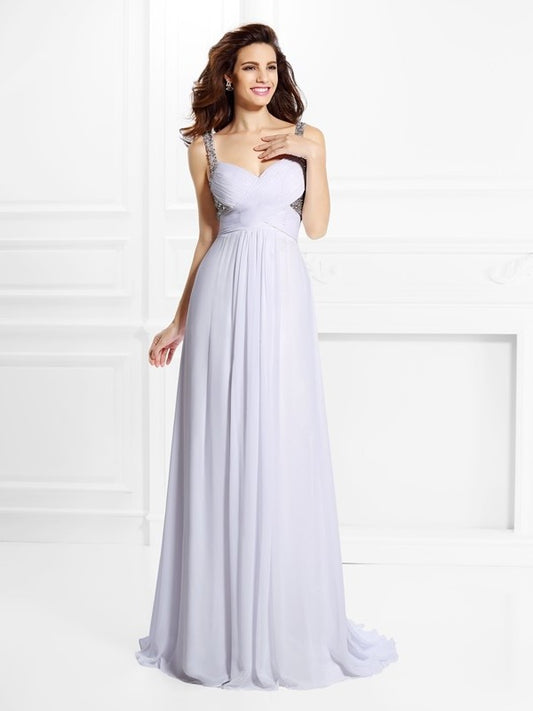 A-Line/Princess Straps Pleats Beading Sleeveless Long Chiffon Dresses DEP0004352