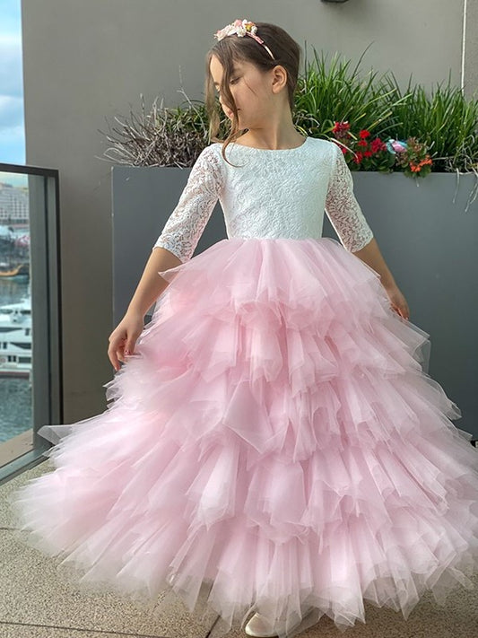 A-Line/Princess Tulle Lace Scoop 3/4 Sleeves Ankle-Length Flower Girl Dresses DEP0007497