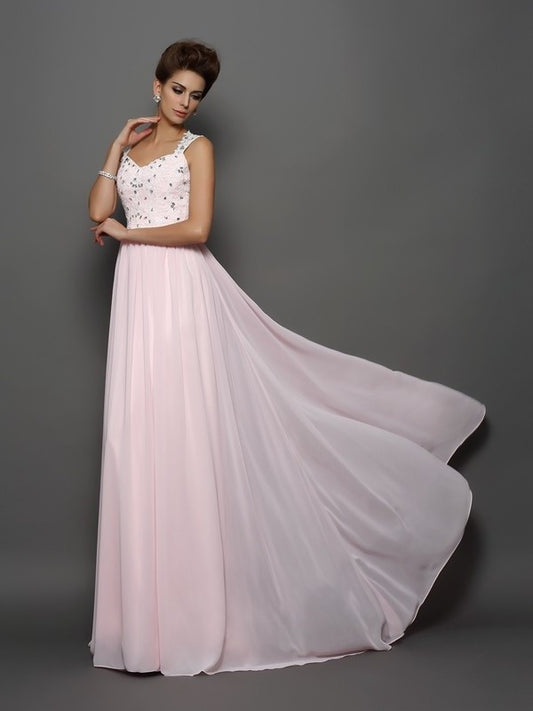 A-Line/Princess Straps Beading Sleeveless Applique Long Chiffon Dresses DEP0003128