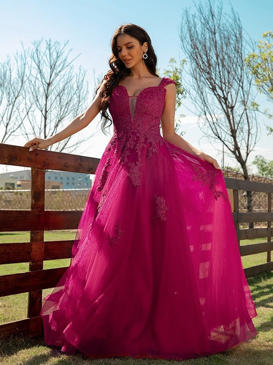 A-Line/Princess Tulle Applique V-neck Sleeveless Floor-Length Dresses DEP0001520