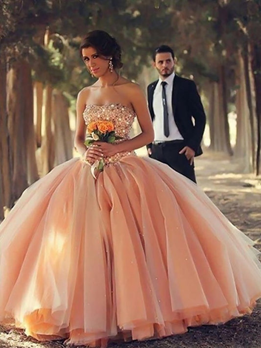 Ball Gown Sleeveless Strapless Beading Floor-Length Tulle Dresses DEP0001933