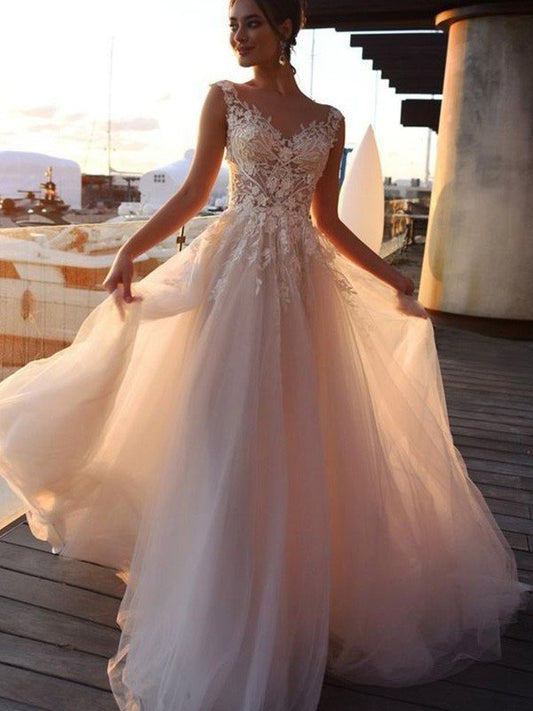 A-Line/Princess Bateau Applique Short Sleeves Sweep/Brush Train Tulle Wedding Dresses DEP0006668