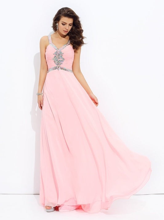 A-line/Princess Straps Beading Sleeveless Long Chiffon Dresses DEP0003377