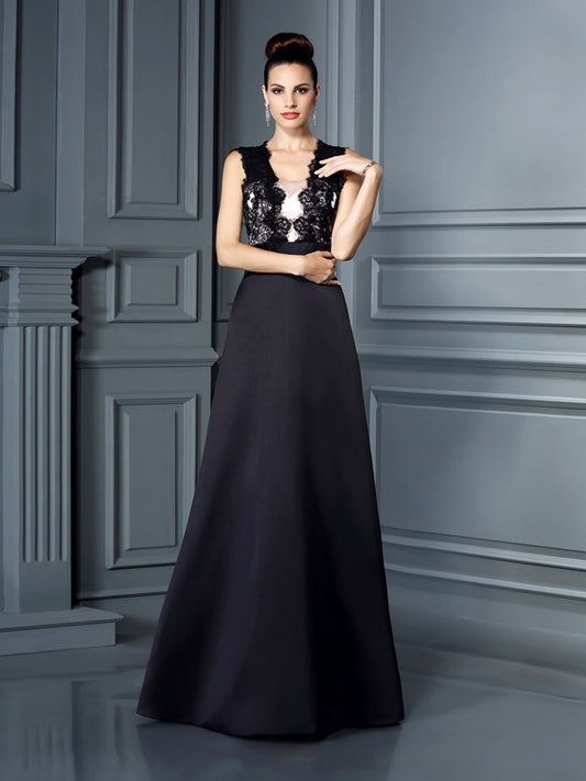 A-Line/Princess Straps Lace Sleeveless Long Satin Dresses DEP0003826