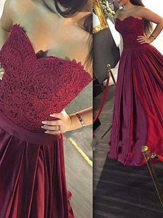 A-Line/Princess Sweetheart Sleeveless Lace Satin Floor-Length Dresses DEP0002169