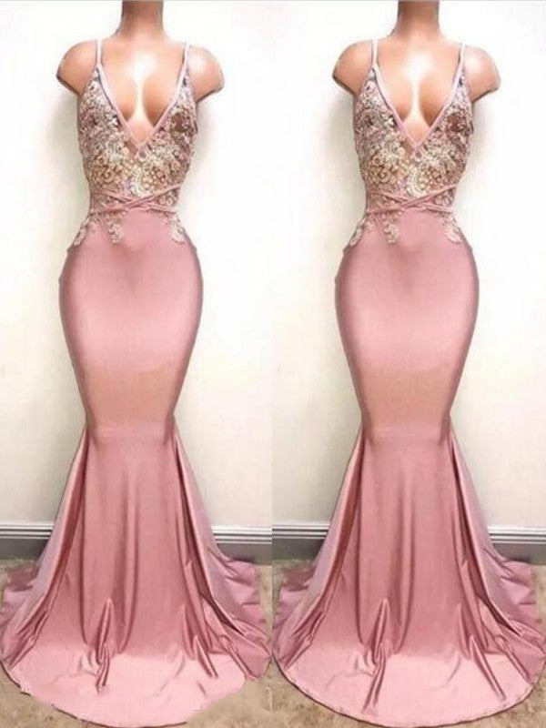 Trumpet/Mermaid Sleeveless V-neck Sweep/Brush Train Lace Satin Dresses DEP0002030