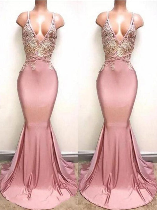 Trumpet/Mermaid Sleeveless V-neck Sweep/Brush Train Lace Satin Dresses DEP0002030