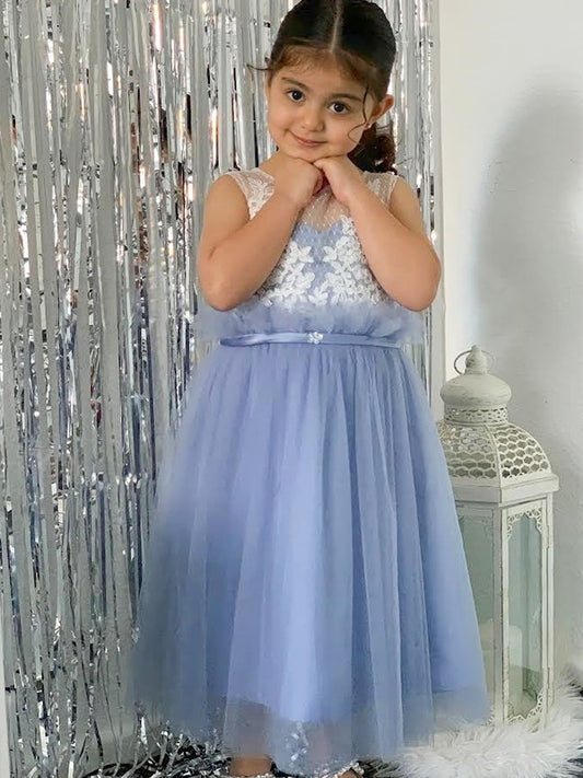 A-Line/Princess Tulle Lace Scoop Sleeveless Knee-Length Flower Girl Dresses DEP0007465