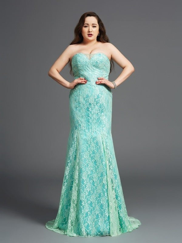 Sheath/Column Strapless Lace Sleeveless Long Satin Plus Size Dresses DEP0004326