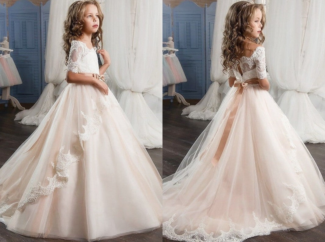 Ball Gown Off-the-Shoulder Short Sleeves Tulle Sash/Ribbon/Belt Flower Girl Dresses DEP0007640