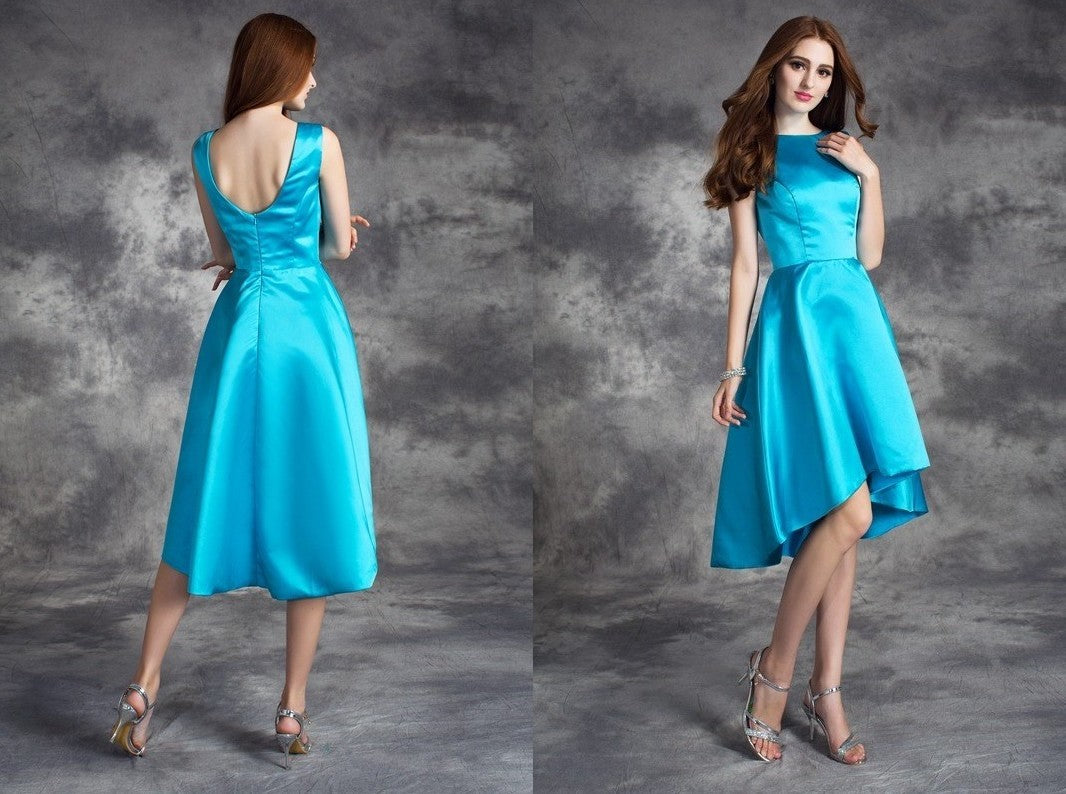 A-line/Princess Bateau Ruffles Sleeveless High Low Satin Bridesmaid Dresses DEP0009303