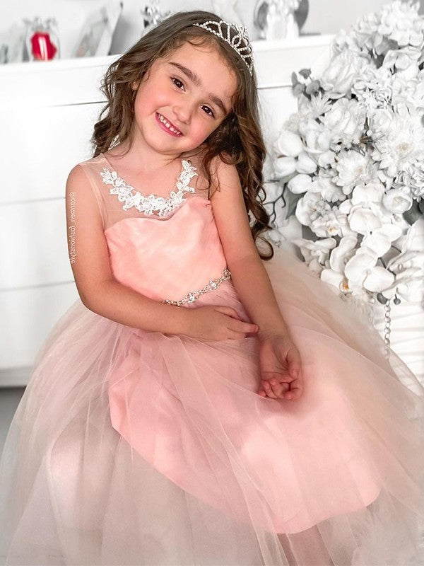 A-Line/Princess Tulle Beading Scoop Sleeveless Tea-Length Flower Girl Dresses DEP0007469