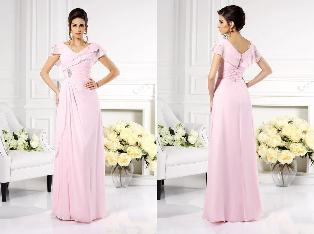 A-Line/Princess V-neck Ruffles Short Sleeves Long Chiffon Mother of the Bride Dresses DEP0007149