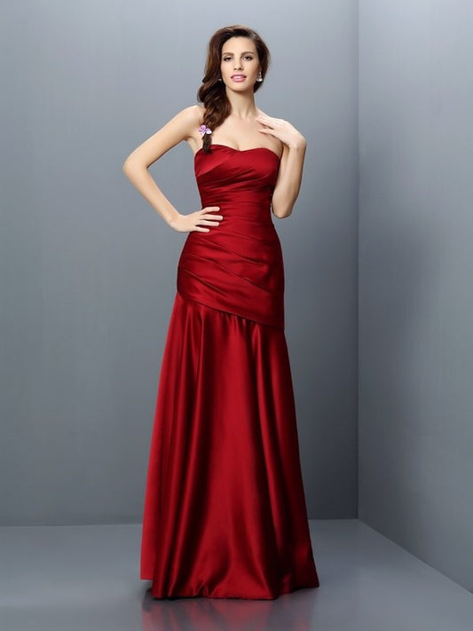 A-Line/Princess Strapless Ruched Sleeveless Long Satin Bridesmaid Dresses DEP0005407