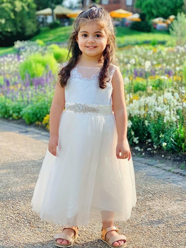 A-Line/Princess Tulle Lace Scoop Sleeveless Tea-Length Flower Girl Dresses DEP0007477