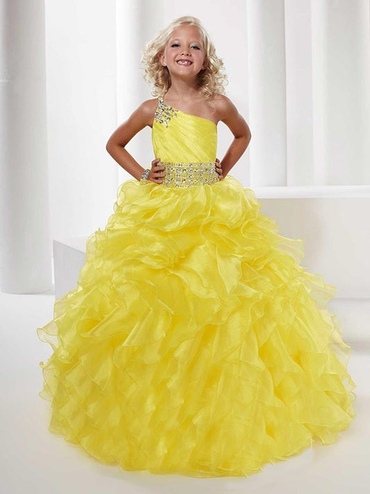 Ball Gown One-shoulder Sleeveless Beading Long Organza Flower Girl Dresses DEP0007598