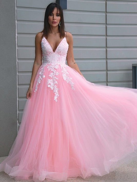 A-Line/Princess Tulle V-neck Applique Sleeveless Floor-Length Dresses DEP0001584