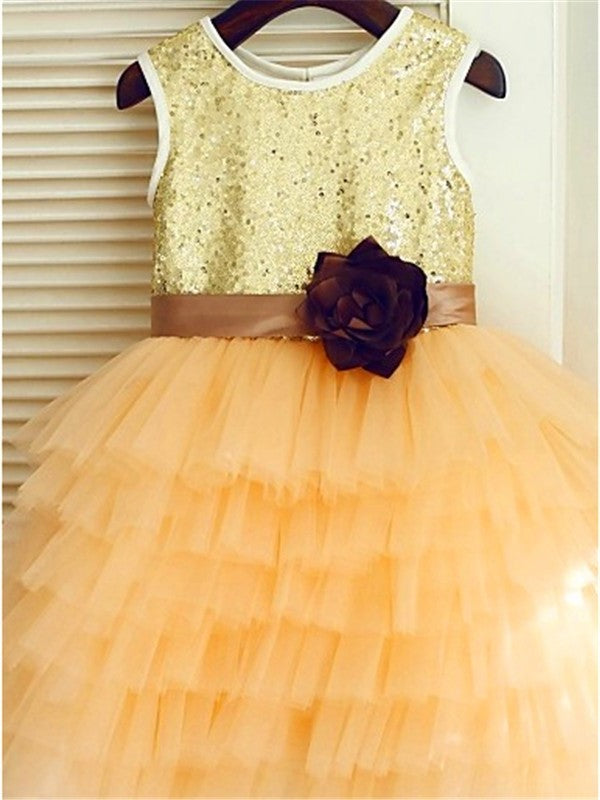 A-line/Princess Scoop Sleeveless Tea-Length Sequin Tulle Flower Girl Dresses DEP0007892