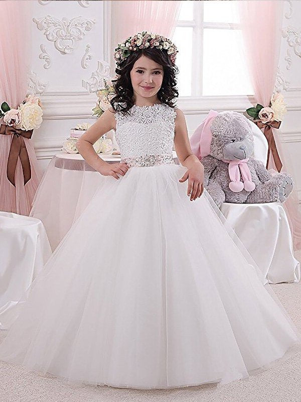 Ball Gown Scoop Sleeveless Sash/Ribbon/Belt Tulle Floor-Length Flower Girl Dresses DEP0007542