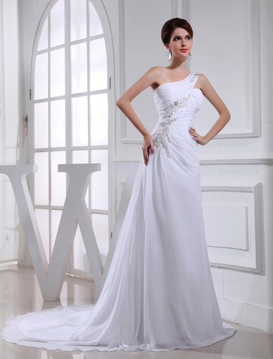 A-Line/Princess Beading One-shoulder Sleeveless Chiffon Applique Wedding Dresses DEP0006695