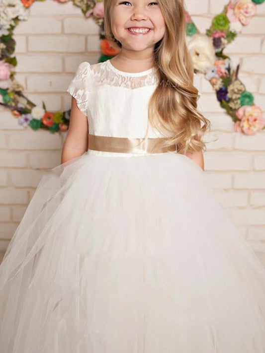 A-Line/Princess Tulle Lace Scoop Short Sleeves Floor-Length Flower Girl Dresses DEP0007903