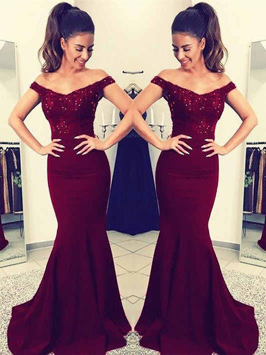 Trumpet/Mermaid Off-the-Shoulder Sleeveless Sweep/Brush Train Lace Elastic Woven Satin Dresses DEP0001908