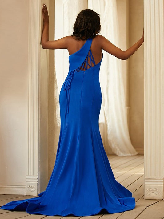 Sheath/Column Jersey Ruffles One-Shoulder Sleeveless Sweep/Brush Train Dresses DEP0001670