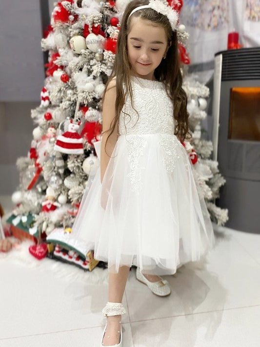 A-Line/Princess Tulle Lace Scoop Sleeveless Knee-Length Flower Girl Dresses DEP0009286