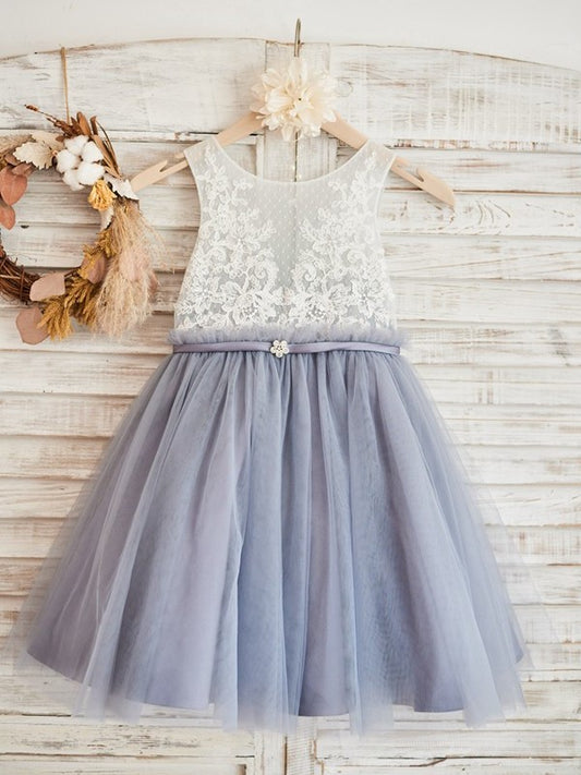 A-Line/Princess Tulle Lace Scoop Sleeveless Knee-Length Flower Girl Dresses DEP0007871