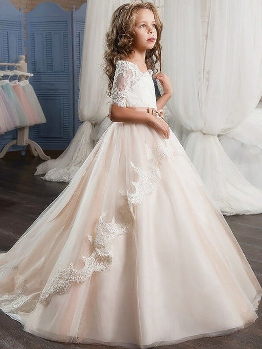 Ball Gown Off-the-Shoulder Short Sleeves Tulle Sash/Ribbon/Belt Flower Girl Dresses DEP0007640