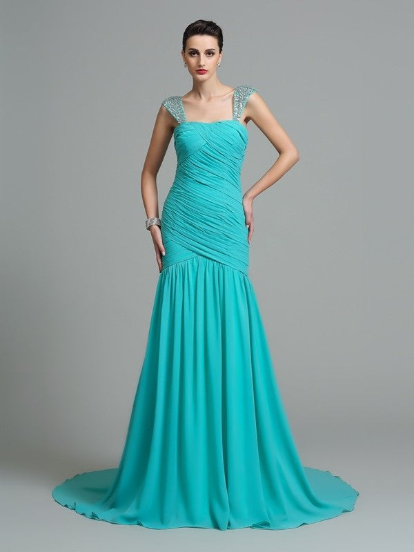 A-Line/Princess Straps Ruched Sleeveless Long Chiffon Dresses DEP0009208