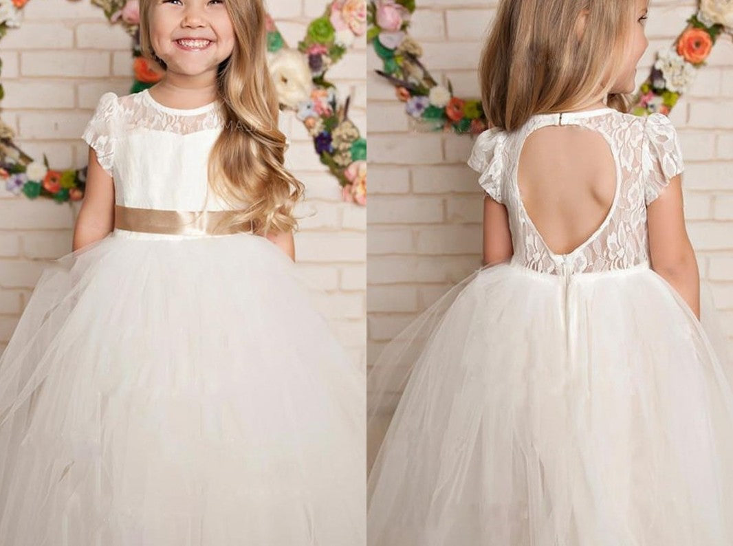 A-Line/Princess Tulle Lace Scoop Short Sleeves Floor-Length Flower Girl Dresses DEP0007903