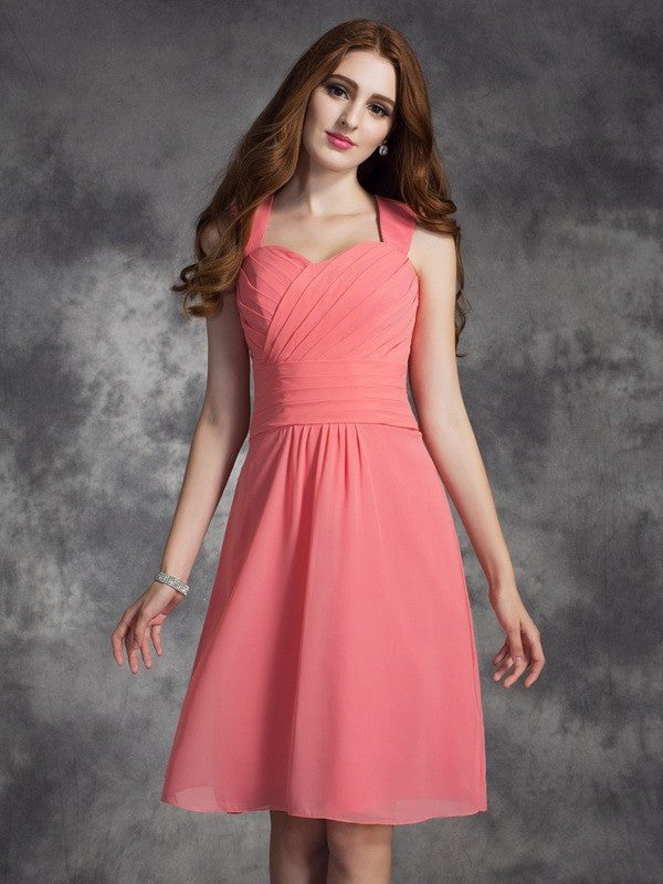 A-line/Princess Straps Ruched Sleeveless Short Chiffon Bridesmaid Dresses DEP0009302