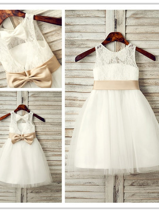 A-Line/Princess Tulle Bowknot Scoop Sleeveless Tea-Length Flower Girl Dresses DEP0007522