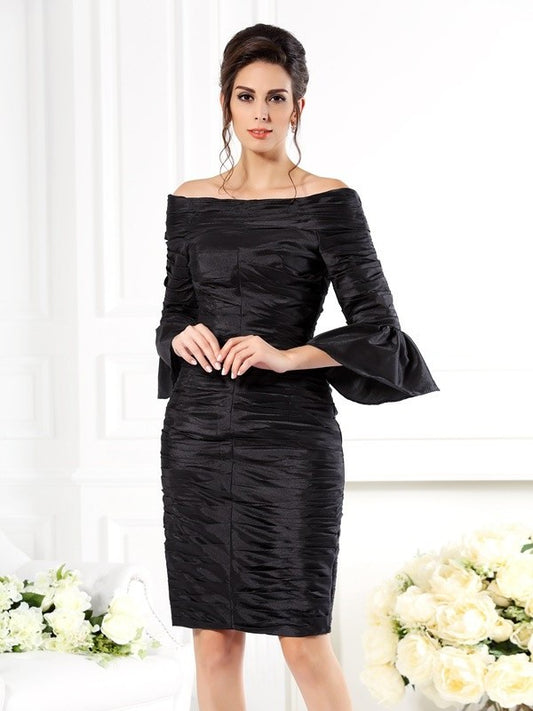 Sheath/Column Off-the-Shoulder Ruched 1/2 Sleeves Short Taffeta Mother of the Bride Dresses DEP0007211