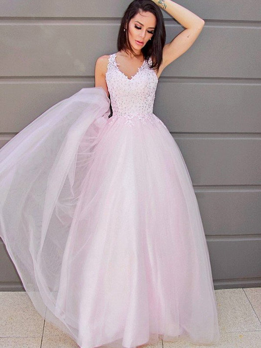 A-Line/Princess V-neck Sleeveless Applique Tulle Floor-Length Dresses DEP0001522