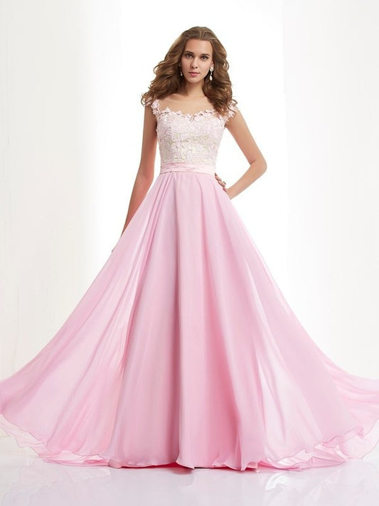 A-Line/Princess Straps Applique Sleeveless Beading Long Chiffon Dresses DEP0002262