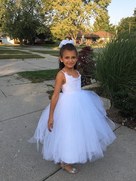 Ball Gown Jewel Sleeveless Lace Floor-Length Tulle Flower Girl Dresses DEP0007483