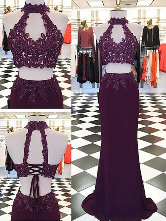 Sheath/Column Halter Applique Floor-Length Sleeveless Spandex Two Piece Dresses DEP0001951