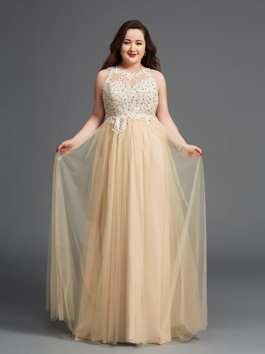 A-Line/Princess Scoop Rhinestone Sleeveless Long Net Plus Size Dresses DEP0002995