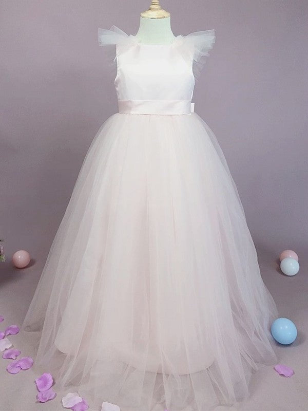 A-Line/Princess Tulle Bowknot Scoop Sleeveless Floor-Length Flower Girl Dresses DEP0007501