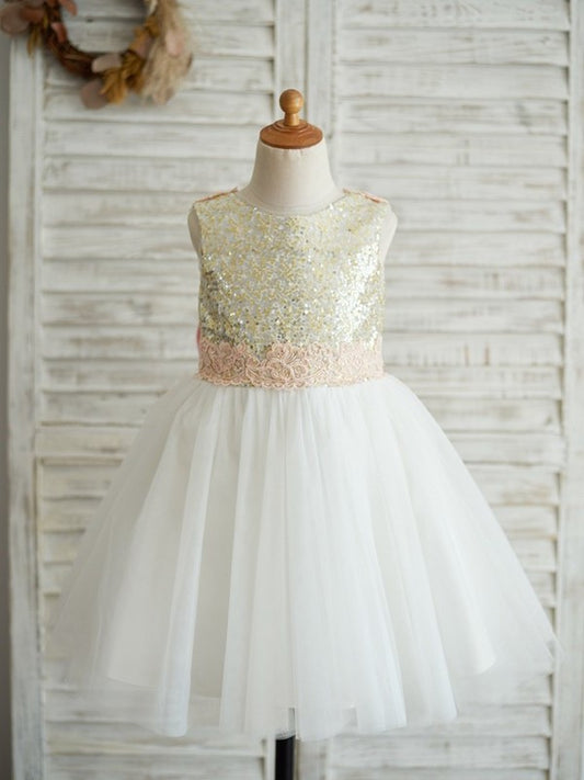 A-Line/Princess Sequin Tulle Scoop Sleeveless Knee-Length Flower Girl Dresses DEP0007586