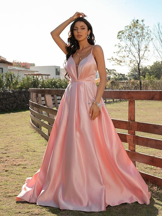 A-Line/Princess Satin Ruched V-neck Sleeveless Sweep/Brush Train Dresses DEP0001442