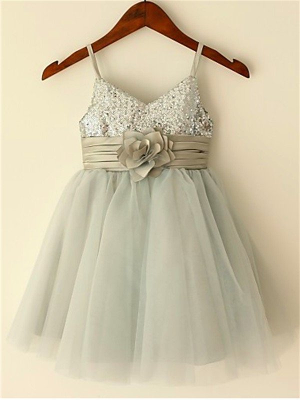 A-line/Princess Spaghetti Straps Sleeveless Sequin Tea-Length Tulle Flower Girl Dresses DEP0007660