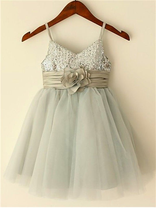 A-line/Princess Spaghetti Straps Sleeveless Sequin Tea-Length Tulle Flower Girl Dresses DEP0007660