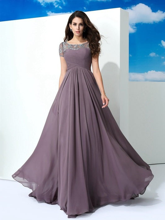 A-Line/Princess Sheer Neck Beading Short Sleeves Long Chiffon Dresses DEP0002078